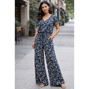 Korye Floral Surplice Sleeveless Wide Leg Jumpsuit Feminine Black Pink Women XL